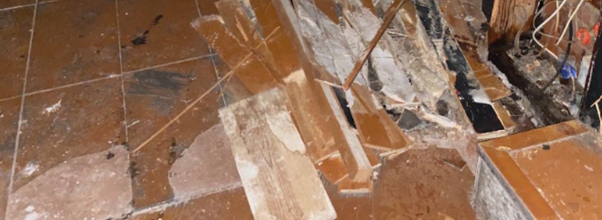 Collapsed wooden dance floor showing splintered timber and structural failure caused by a severe dry rot outbreak.