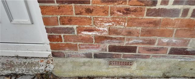 Outside wall showing signs of brick spalling and salts caused by rising damp