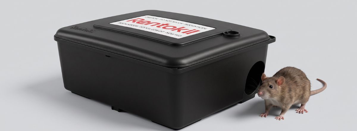 Black Rentokil Eradico rodent bait station with a rat standing near the entry hole.