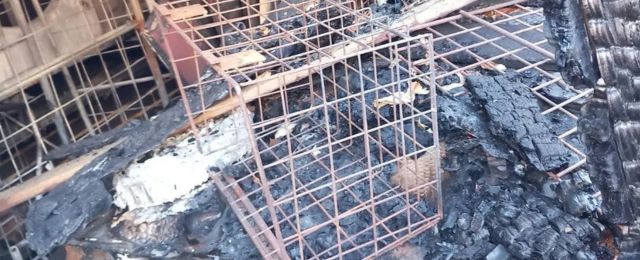 Severe fire and soot damage on supermarket cages and outdoor equipment.