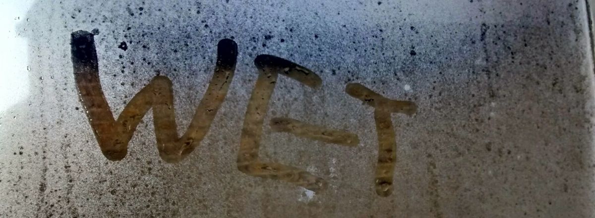 The word WET is written with a finger on a foggy, moisture-covered glass surface, indicating condensation in the home.