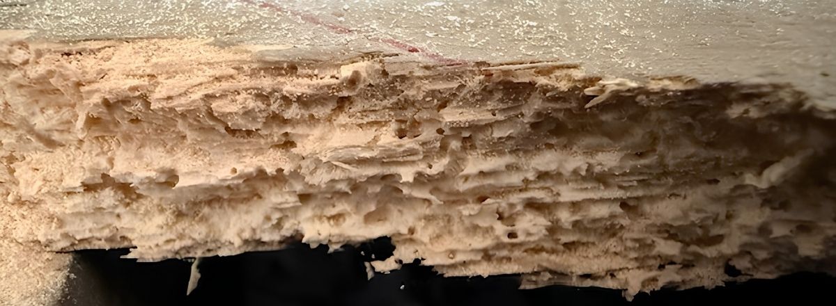 Severe woodworm infestation damage causing structural timber to crumble into tunnels and bore dust