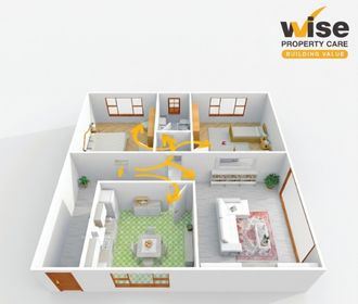 3D floor plan of a house shows airflow moving between rooms. The layout includes bedrooms, a kitchen, bathroom, and living area. The Wise Property Care logo appears in the top right corner.