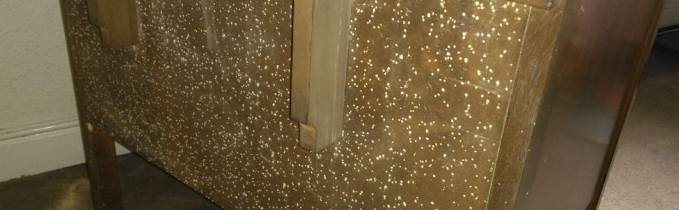 Fresh powdery sawdust (frass) scattered on a wooden surface.