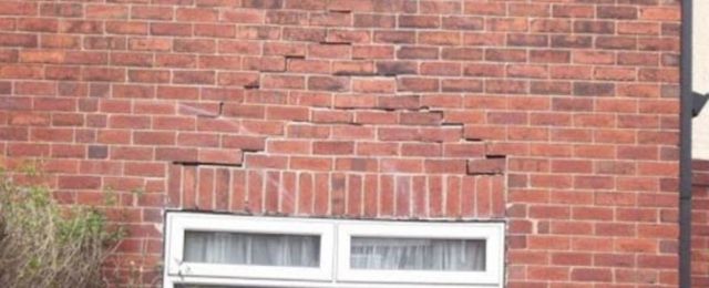 Soldier courses above windows are not loadbearing, so can often fail and cause horizontal cracking above, as well as bending of the replacement window below.